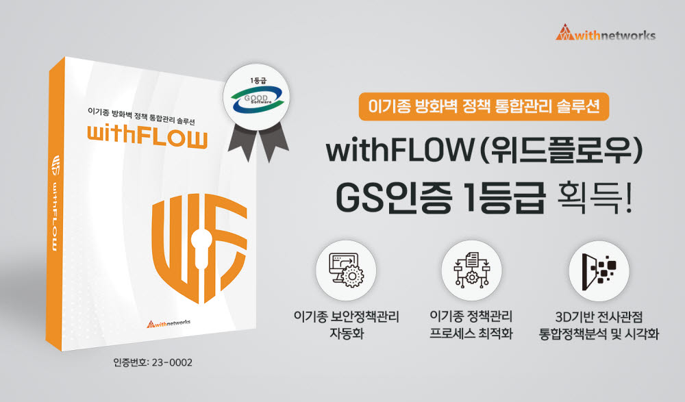위드네트웍스, 이기종 방화벽 통합관리 '위드플로우 2.0' GS 인증 1등급 획득
